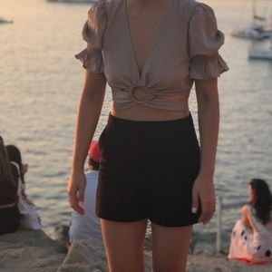 J.O.A. Crop top with ruffle sleeve, ring cut out, and tie back detail